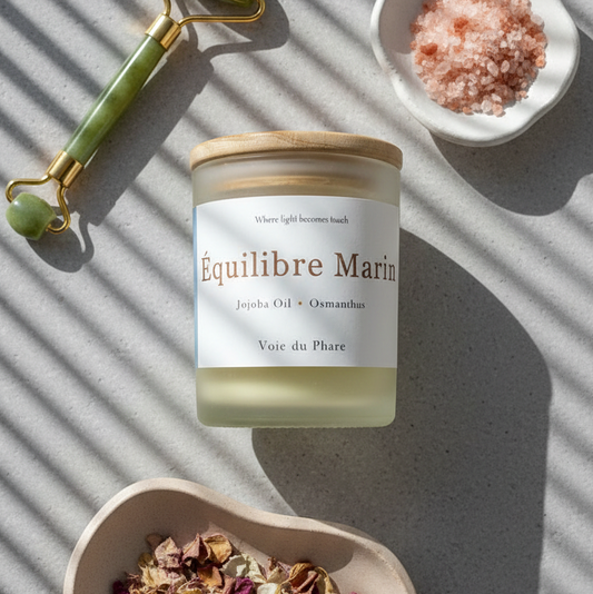 Candle labeled 'Equilibre Marin' with a roller, small dish of pink salt, and decorative bowl on a striped surface.