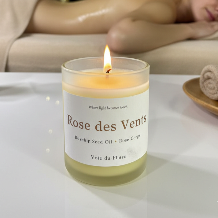 Candle labeled 'Rose des Vents' in a spa setting with a massage in progress.