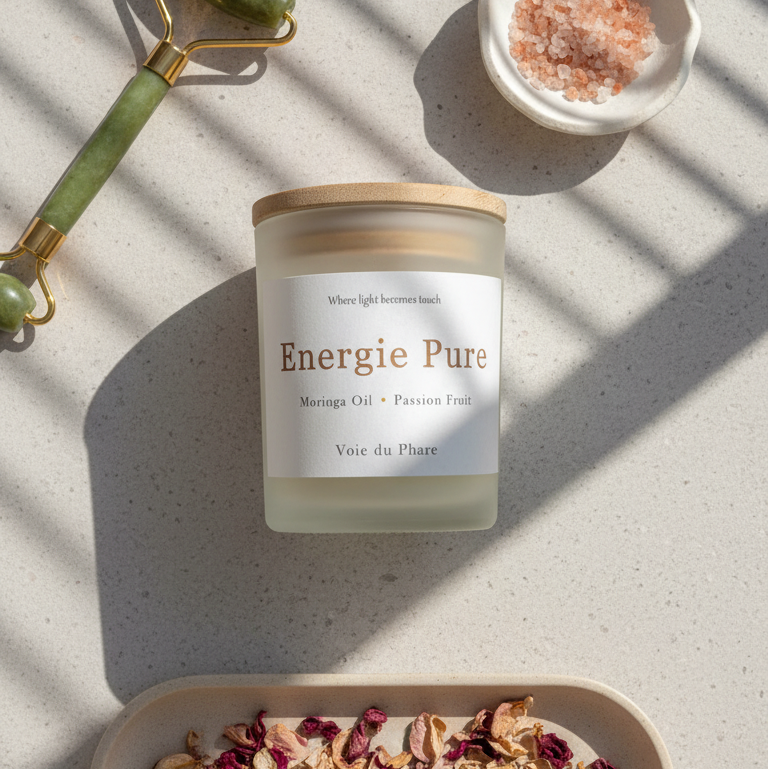 Energie Pure candle with a roller, dish of sea salt, and dried flowers on a light surface.