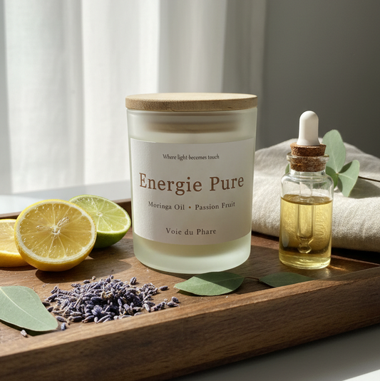 Candle labeled 'Energie Pure' on a wooden tray with lemons, limes, and lavender.