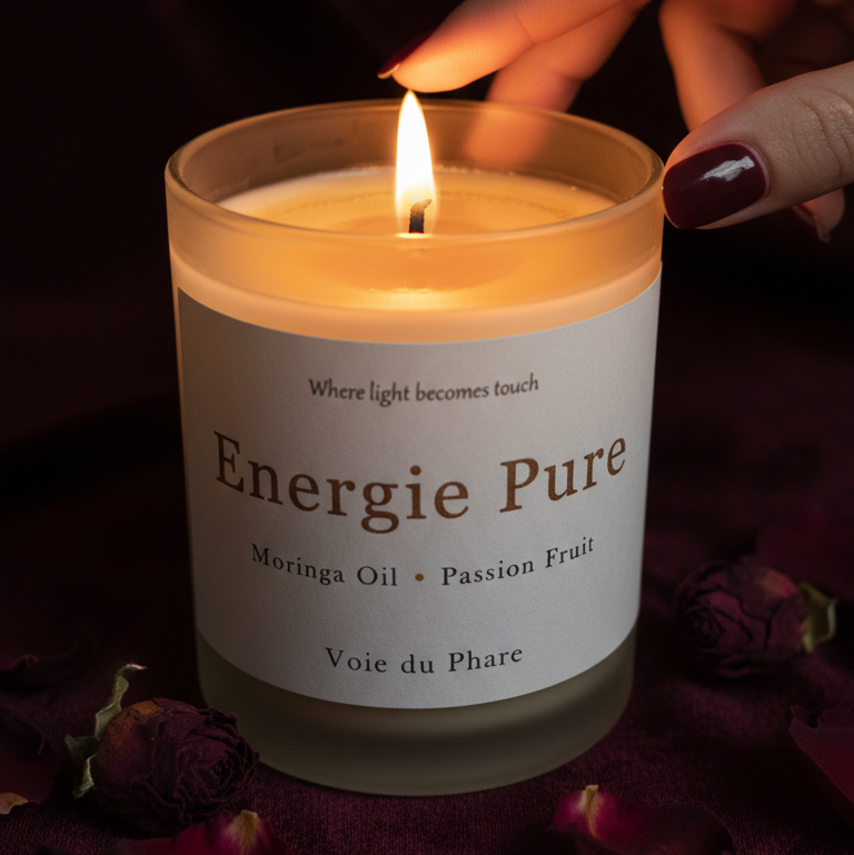 Candle labeled 'Energie Pure' being lit with a dark background