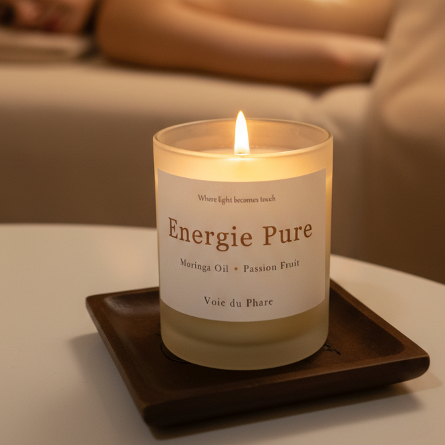 Woman receiving a massage with a 'Energie Pure' candle on a table in the foreground.