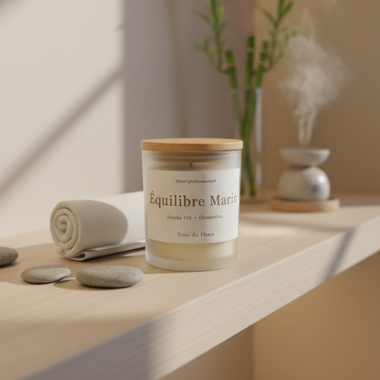 Candle labeled 'Equilibre Marin' on a shelf with stones and a plant in the background