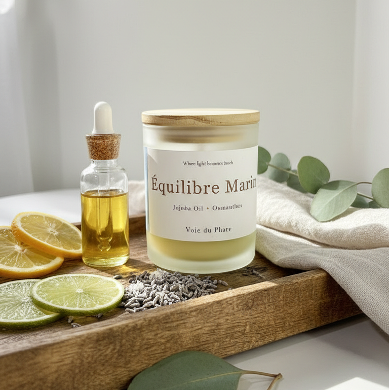 Candle labeled 'Equilibre Mare' on a wooden tray with lemons, olive oil, and lavender.