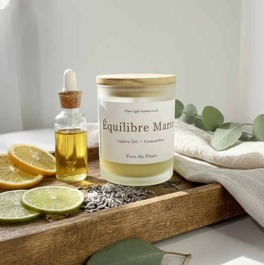 Candle labeled 'Equilibre Mare' on a wooden tray with lemons, olive oil, and lavender.