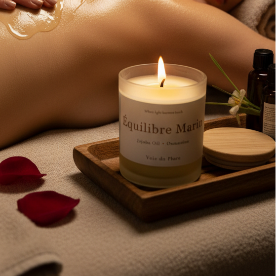 Woman receiving a massage with a candle labeled 'Lavender' in the foreground.