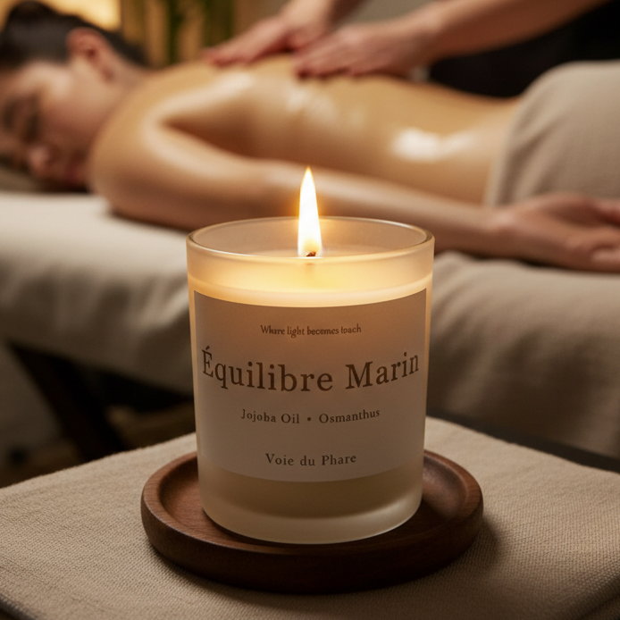 Person receiving a massage with an 'Equilibre Marin' candle on a table in a spa setting.