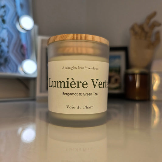 Jar of Lumère Verte with a label on a blurred background