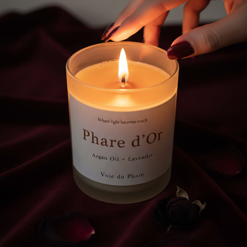 Candle labeled 'Phare d'Or' being lit with a hand, on a dark background