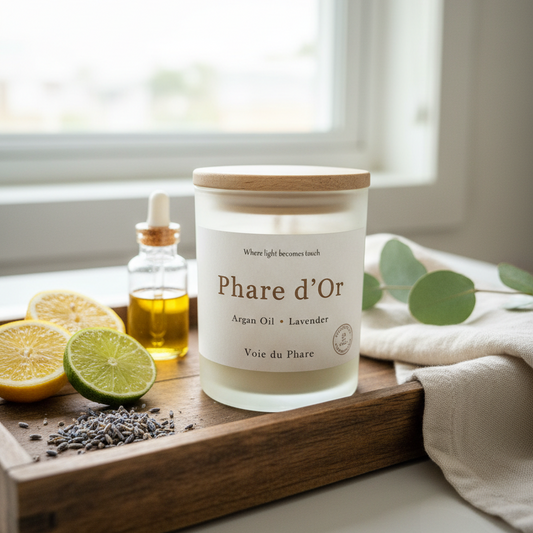 Candle labeled 'Phare d'Or' on a wooden tray with lemons, limes, and a bottle of oil.