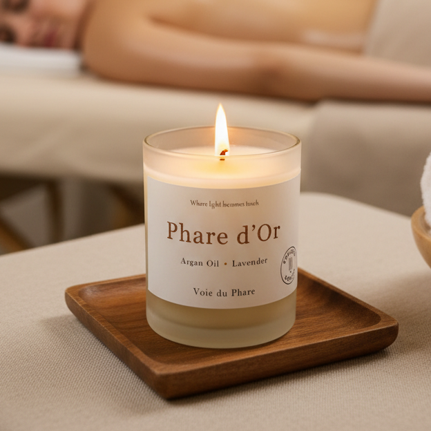 Woman receiving a massage with a lit candle labeled 'Phare d'Or' in the foreground.