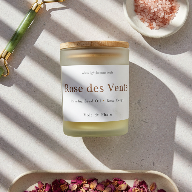Candle labeled 'Rose des Vents' with a jade roller and small dish of pink salt on a light background
