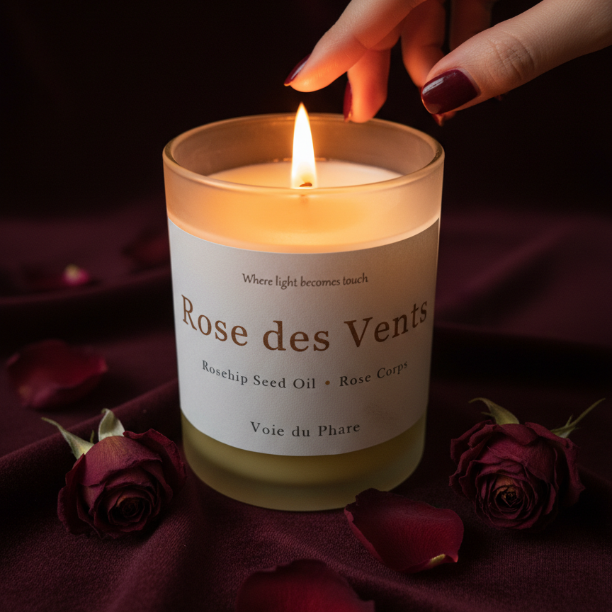 Candle labeled 'Rose des Vents' being lit on a dark fabric background with roses.