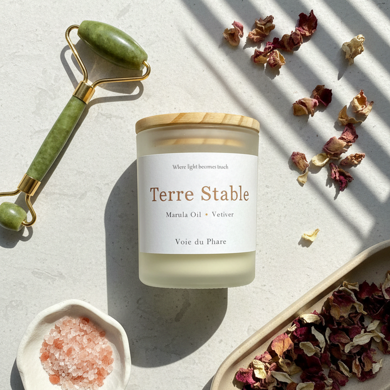 Candle labeled 'Terre Stable' with a roller, salt dish, and dried herbs on a light surface.