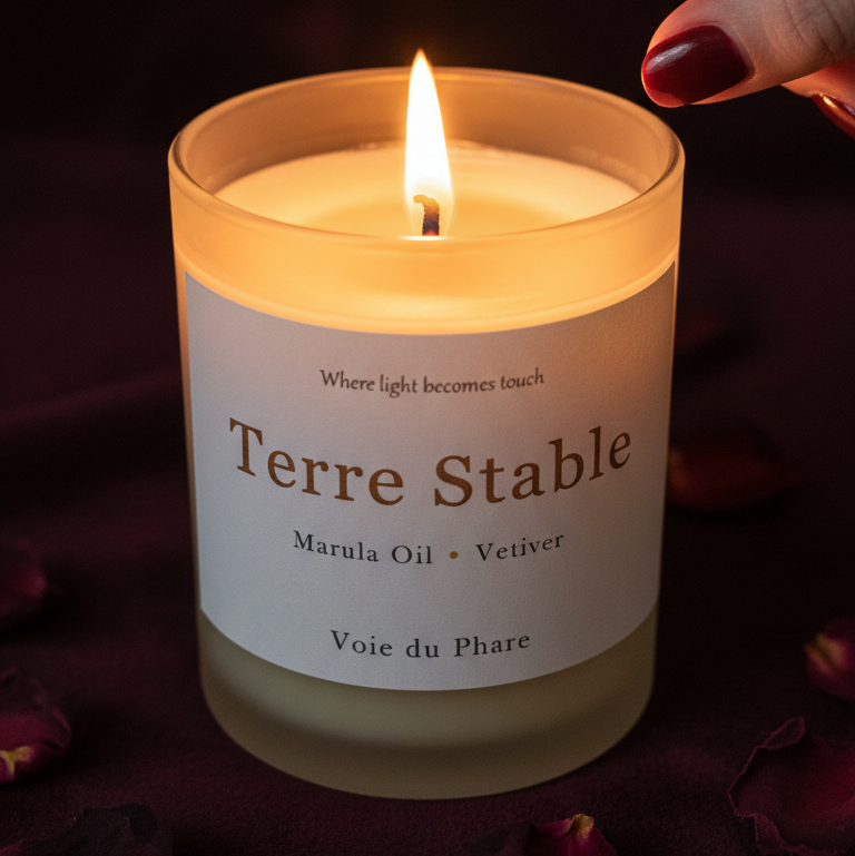 Candle labeled 'Terre Stable' being lit with a hand, surrounded by dark petals.