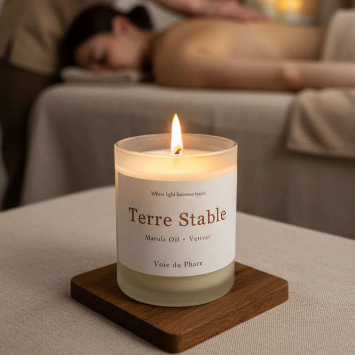 Candle labeled 'Terre Stable' on a table with a blurred background of a person and plants.