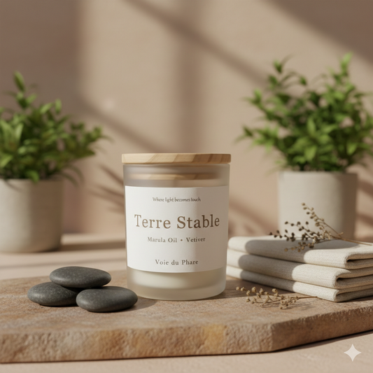 Candle labeled 'Terre Stable' on a wooden surface with plants in the background